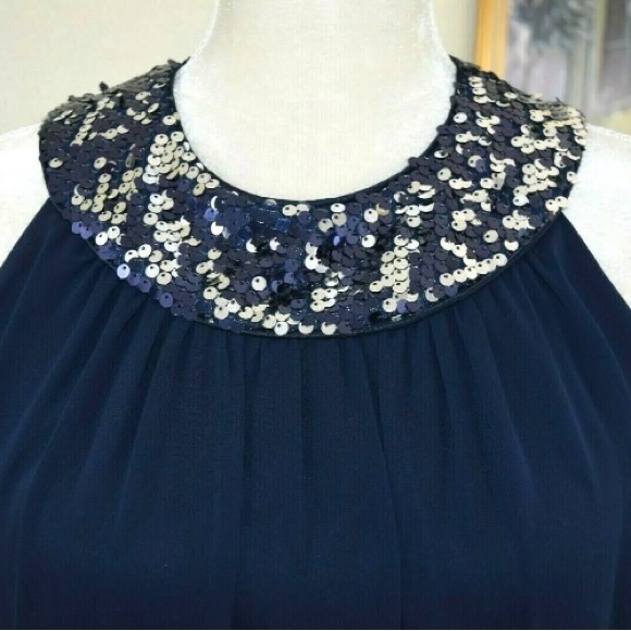 SL Fashions Flattering Blue Sequins-Chiffon Navy Blue Dress Bare Shoulders  8 - Picture 3 of 12